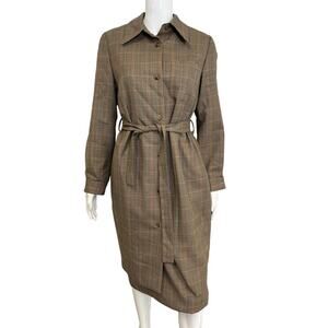 BILL BLASS Brown 100% Wool Vintage Plaid Belted Mid-Length Jacket Skirt Set 12